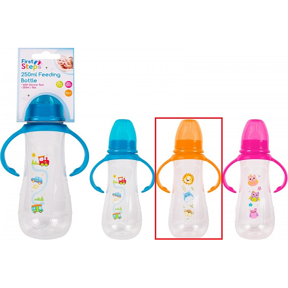 First Steps Feeding Bottle 0+ butelka dla niemowląt czarna z uchwytami Zoo pomarańczowa 250 ml