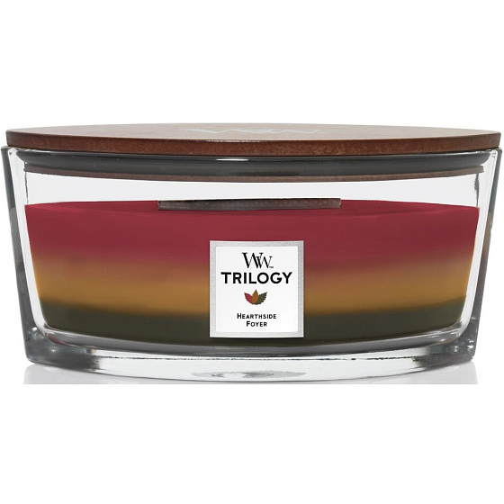 WoodWick Trilogy Hearthside Foyer - Posezení u krbu vonná svíčka s dřevěným širokým knotem a víčkem sklo loď 453 g