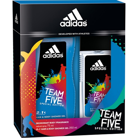 Adidas Team Five parfémovaný deodorant sklo pro muže 75 ml + sprchový gel 250 ml, kosmetická sada