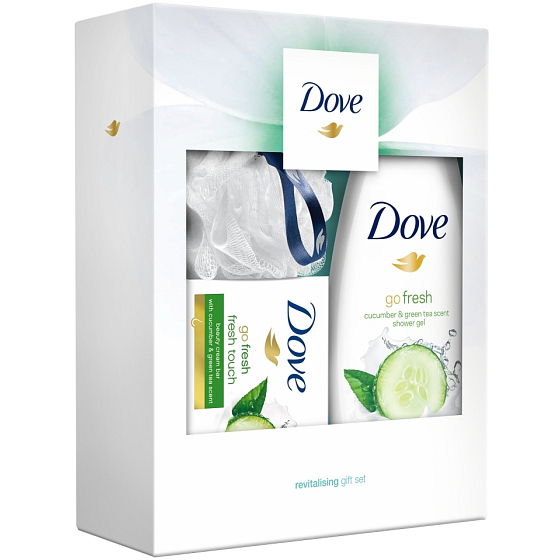 Dove Okurka & Zelený čaj sprchový gel pro ženy 250 ml + Fresh Touch toaletní mýdlo 100 g + luxusní sprchová houba, kosmetická sada