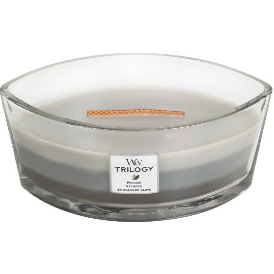 WoodWick Trilogy Warm Woods - Hřejivé dřevo vonná svíčka s dřevěným širokým knotem a víčkem sklo loď 453 g