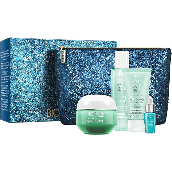 Biotherm Aquasource hydratační gel pro normální až smíšenou pleť 50 ml + Biosource Nettoyant čisticí krém 50 ml + Biosource pleťová voda 100 ml + Life Plankton Elixir sérum 7 ml + cestovní kosmetická taštička, kosmetická sada