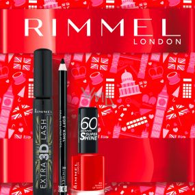 Rimmel London Extra 3D Lash Rzęsy 003 Extreme Black 8 ml + Soft Kohl Kajal Ołówek do oczu 061 1,5 g + 60 Seconds Super Shine Nail Polish Lak do paznokci 315 Queen Of Tarts 8 ml, zestaw kosmetyczny dla kobiet