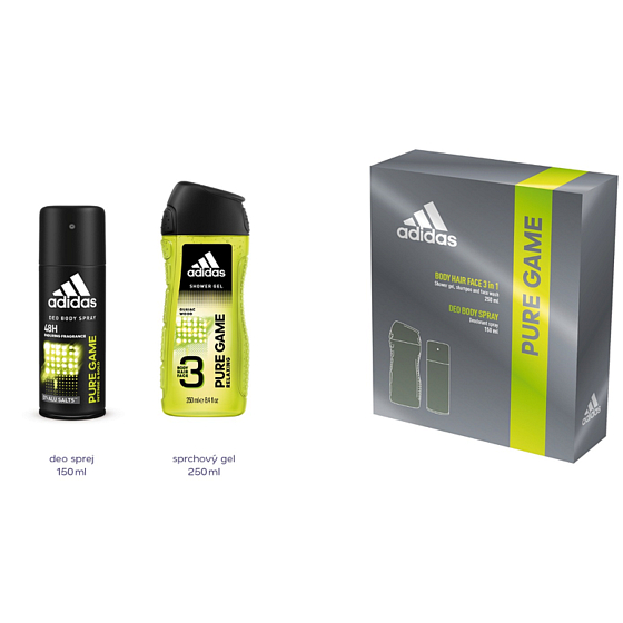 Adidas Pure Game deodorant sprej pro muže 150 ml + 3v1 sprchový gel na tělo, tvář a vlasy 250 ml, kosmetická sada