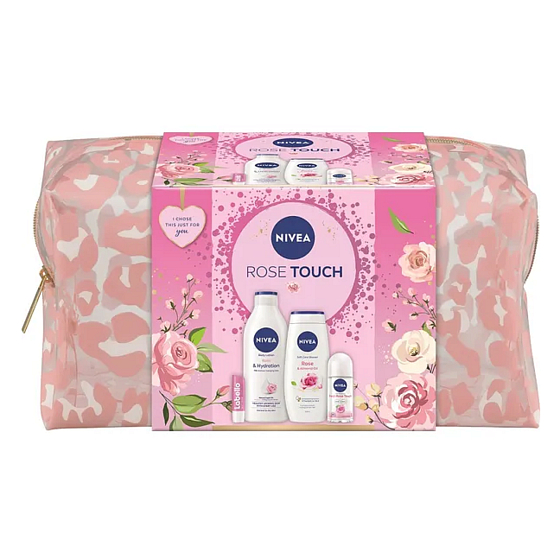 Nivea Rose Touch Rose & Hydration mleko do ciała 400 ml + Nivea Rose & Almond Oil żel pod prysznic 250 ml + Nivea Fresh Rose Touch roll-on antyperspirant 50 ml + Labello Soft Rosé balsam do ust 4,8 g + kosmetyczna etue, zestaw kosmetyczny dla kobiet