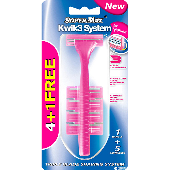 Super-Max Kwik3 System jednorazowy 3-listkowy maszynka do golenia + 4 wymienne głowice dla kobiet