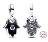 Charm Srebrna 925 Ruka Fatimy, Hamsa - Mini Medalion z niebieskim kryształem i czarną emalią, zawieszka na bransoletkę symbol