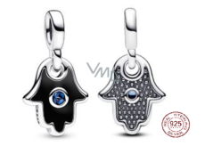 Charm Srebrna 925 Ruka Fatimy, Hamsa - Mini Medalion z niebieskim kryształem i czarną emalią, zawieszka na bransoletkę symbol