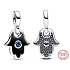 Charm Srebrna 925 Ruka Fatimy, Hamsa - Mini Medalion z niebieskim kryształem i czarną emalią, zawieszka na bransoletkę symbol