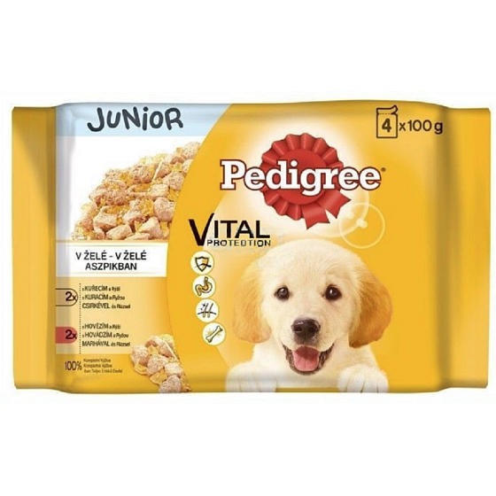 Pedigree Vital Protection Junior s kuřecím masem a rýží, s krůtím masem a rýží v želé kapsička 4 x 100 g