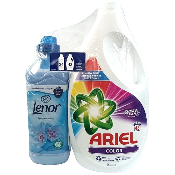 Ariel Color uniwersalny żel do prania 43 dawek + Lenor Spring Swakening płyn do płukania 34 dawek, duopack