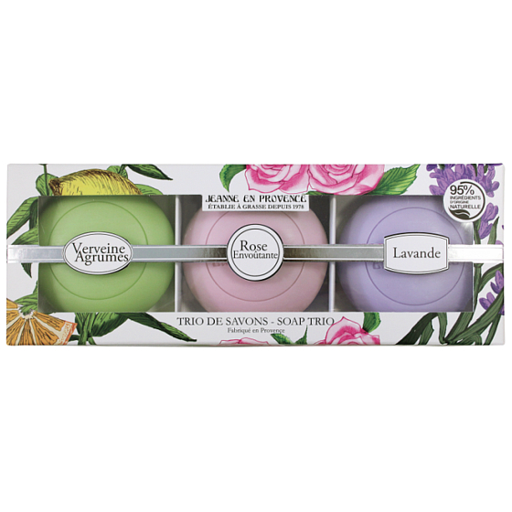 Jeanne en Provence Verveine Agrumes - Verbena a Citrusové plody toaletní mýdlo 100 g + Podmanivá růže toaletní mýdlo 100 g + Levandule toaletní mýdlo 100 g, kosmetická sada
