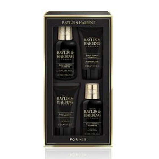 Baylis & Harding Men Černý pepř a Ženšen pleťový mycí gel 100 ml + 2v1 šampon a sprchový gel 100 ml + balzám po holení 50 ml + sprchový gel 50 ml, kosmetická sada pro muže