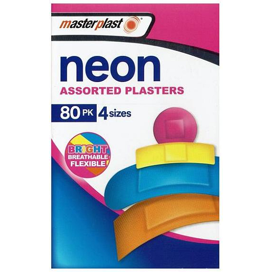 Masterplast Neon Assorted Plasters náplast voděodolná 4 velikosti 80 kusů