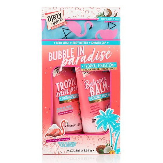Dirty Works Bubble In Paradise sprchový gel 125 ml + tělové mléko 125 ml + koupací čepice 1 kus, kosmetická sada