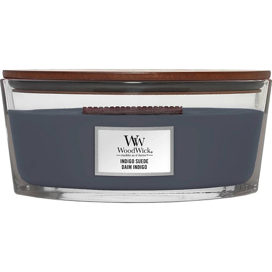 WoodWick Indigo Suede - Modrý semiš vonná svíčka s dřevěným širokým knotem a víčkem sklo loď 453 g