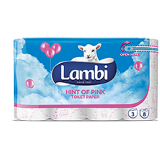 Lambi Hint of Pink toaletní papír s růžovým potiskem 3 vrstvý 150 útržků 8 rolí