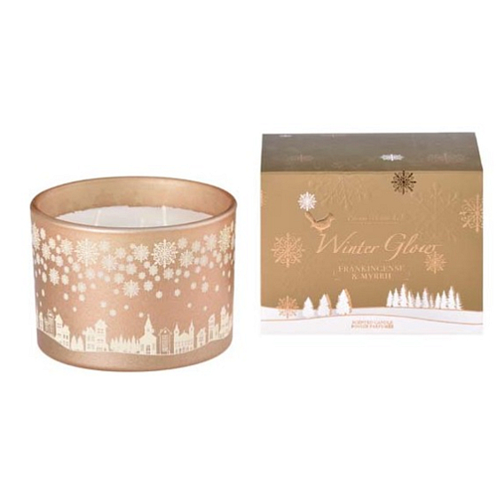 Arome Winter Glow Frankincense & Myrrh svíčka vonná sklo zlatá 3 knoty v dárkové krabičce 110 x 80 mm