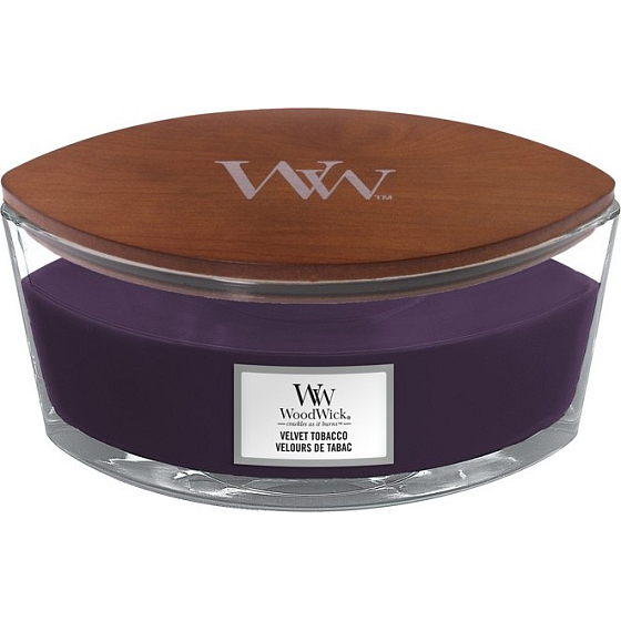 WoodWick Velvet Tobacco - Sametový tabák vonná svíčka s dřevěným širokým knotem a víčkem sklo loď 453 g