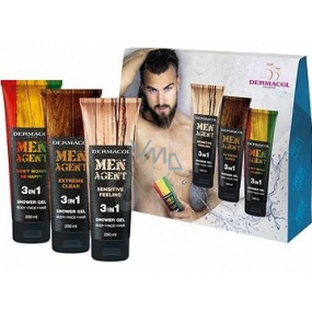 Dermacol Men Agent 3v1 Sensitive Feeling sprchový gel 250 ml + 3v1 Extreme Clean sprchový gel 250 ml + 3v1 Dont worry be happy sprchový gel, kosmetická sada pro muže