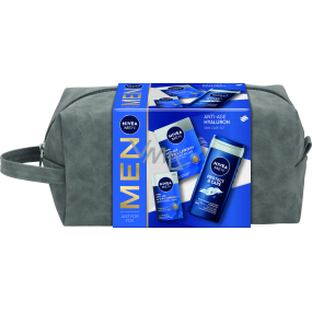 Nivea Men Anti-Age Hyaluron Protect & Care żel pod prysznic do ciała, twarzy i włosów 250 ml + Anti-Age Hyaluron balsam po goleniu 100 ml + Anti-Age Hyaluron krem ​​przeciwzmarszczkowy 50 ml + kosmetyczna torba, zestaw kosmetyczny dla mężczyzn