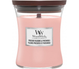 WoodWick Pressed Blooms & Patchouli - Kwiaty i paczuli - świeca zapachowa z drewnianym knotem i szklaną pokrywką, średnia 275 g