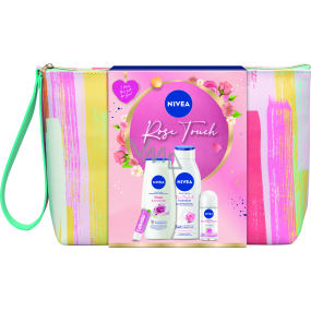 Nivea Rose Touch Fresh Rose Touch kuličkový antiperspirant roll-on 50 ml + Rose & Almond Oil sprchový gel 250 ml + Rose Touch tělové mléko 400 ml + Labello Soft Rosé balzám na rty 4,8 g + kosmetická taštička, kosmetická sada pro ženy