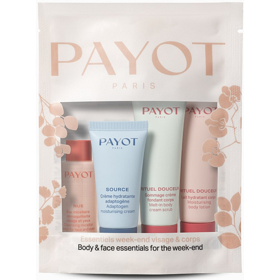 Payot Nue Cleansing micelarna woda 20 ml + Source Adaptogen adaptogenny krem nawilzajacy 15 ml + Rituel Douceur delikatny peelingujacy krem do ciala 20 ml + Rituel Douceur delikatne nawilzajace mleczko do ciala 25 ml, zestaw kosmetyków