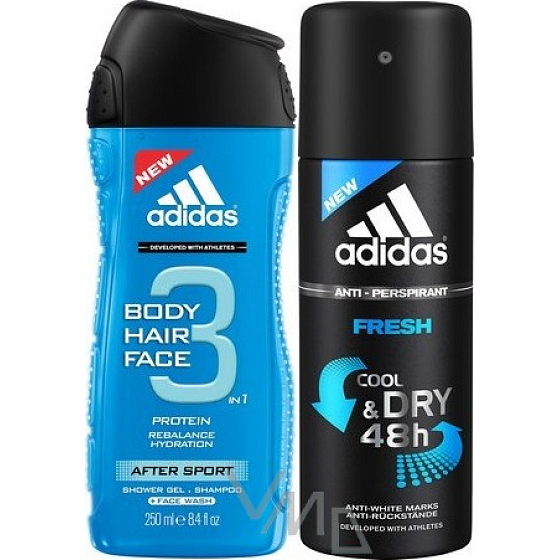 Adidas After Sport Fresh 3v1 sprchový gel na tělo, vlasy a tvář pro muže 250 ml + antiperspirant deodorant sprej 150 ml, kosmetická sada