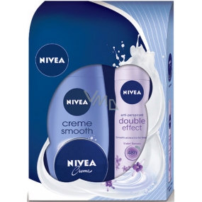 Nivea Creme Smooth sprchový gel 250 ml + Double Effect Violet Senses antiperspirant deodorant sprej 150 ml + intenzivní krém 30 ml, pro ženy kosmetická sada