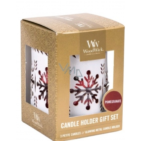 WoodWick Pomegranate - Granátové jablko vonná svíčka s dřevěným knotem petite 3 x 31 g + Bílá vločka svícen dárkový set
