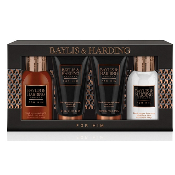 Baylis & Harding Men Černý pepř a Ženšen tekuté mýdlo na tělo i vlasy 100 ml + mycí gel na obličej 50 ml + balzám po holení 100 ml + sprchový gel 50 ml kosmetická sada pro muže