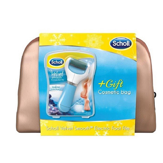 Scholl Velvet Smooth Marine Minerals elektrický pilník na chodidla středně drsný s minerály + zlatá kosmetická taška, kosmetická sada