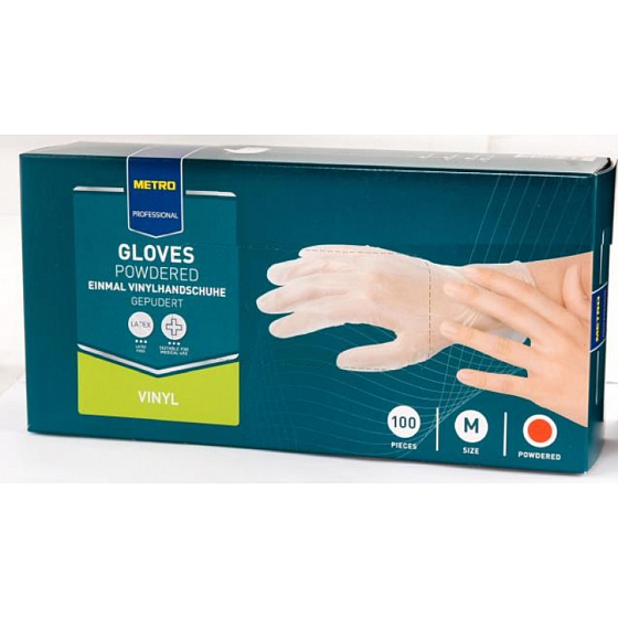 Metro Professional Rukavice jednorázové, Vinyl pudrované transparentní, velikost M, box 100 kusů