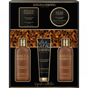 Baylis & Harding Men Černý pepř a Ženšen mycí gel na tělo a vlasy 300 ml + sprchový gel 300 ml + balzám po holení 130 ml + mýdlo 150 g + krystaly do koupele 100 g, kosmetická sada pro muže