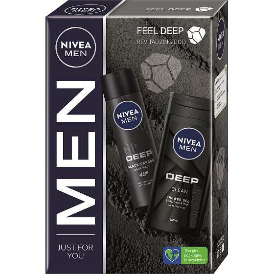 Nivea Men Feel Deep Black Carbon Dark Wood antiperspirant sprej 150 ml + Deep Clean sprchový gel 250 ml, kosmetická sada pro muže