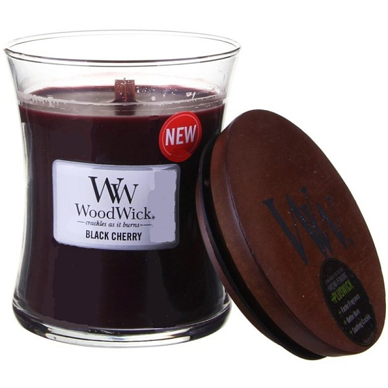WoodWick Black Cherry - czarna wiśnia świeca zapachowa z drewnianym knotem i szklanym wieczkiem mała 85 g