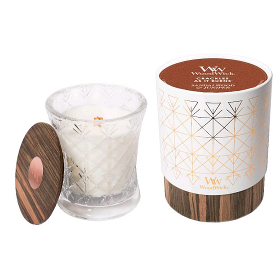 WoodWick Sandalwood & Juniper - Santálové dřevo a jalovec vonná svíčka s dřevěným širokým knotem a víčkem sklo střední Aura 275 g v dárkové krabičce