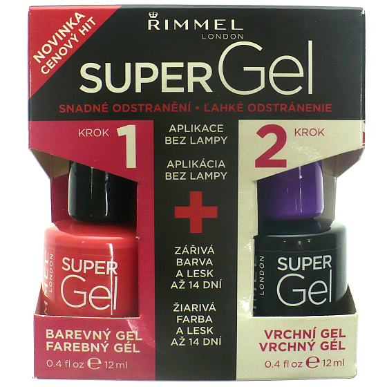 Rimmel London Super Gel by Kate lak na nehty 032 Cocktail Passion 12 ml + Super Gel Top Coat krycí lak na nehty 001 Transparent 12 ml, duopack