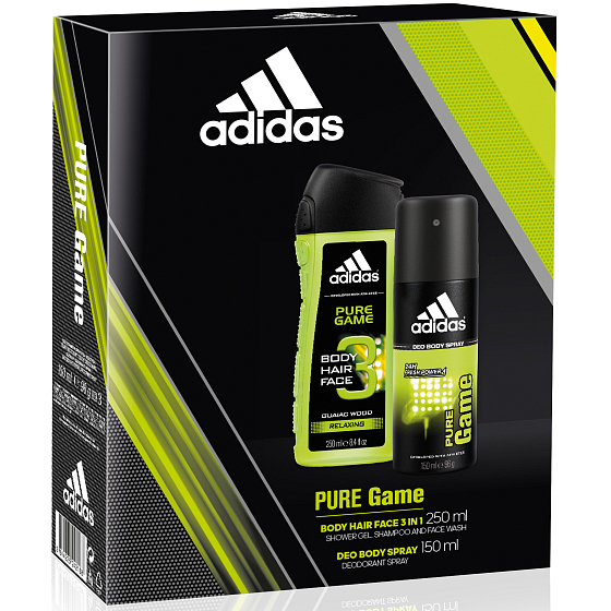 Adidas Pure Game deodorant sprej pro muže 150 ml + 3v1 sprchový gel na tělo, tvář a vlasy 250 ml, kosmetická sada