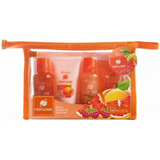 Idc Institute Fruit & Care Peach, Grapefruit & Berries Cestovní set sprchový gel 70 ml + šampon 70 ml + tělové mléko 50 ml + peeling 50 ml + etue, kosmetická sada