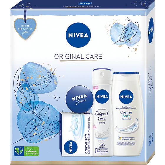 Nivea Original Care antiperspirant sprej 150 ml + Creme Soft krémové toaletní mýdlo 100 g + Creme krém pro základní péči 30 ml + Creme Soft krémový sprchový gel 250 ml, kosmetická sada pro ženy