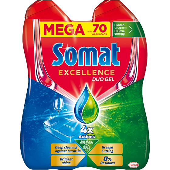 Somat Excellence Duo Gel Grease Cutting gel do myčky zaručí perfektní čistotu a zářivý lesk 70 dávek 2 x 630 ml, duopack