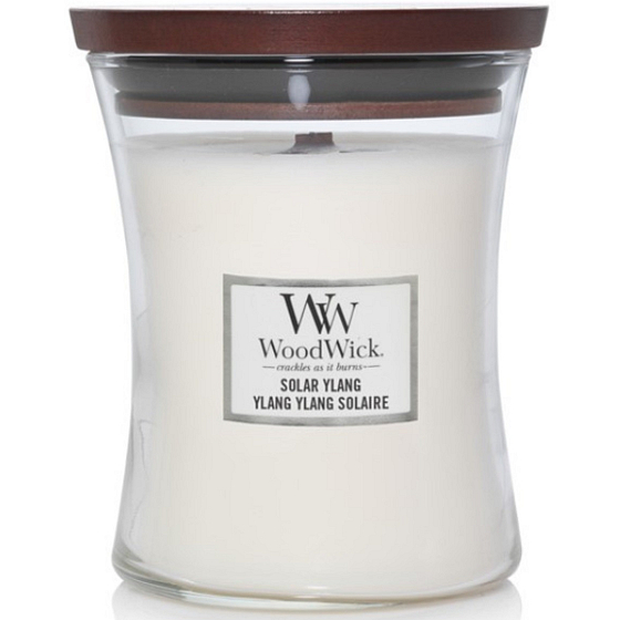 WoodWick Solar Ylang vonná svíčka 275 g – střední skleněná svíčka s dřevěným knotem a víčkem, vůně Sluneční Ylang