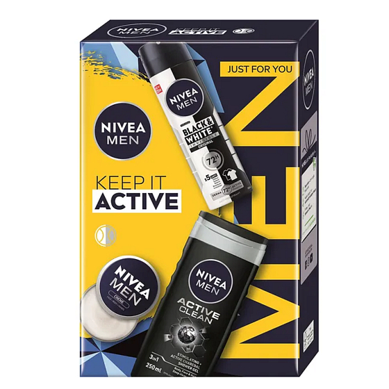 Nivea Men Keep It Active Invisible Black & White Original dezodorant w sprayu 150 ml + Nivea Men Active Clean żel pod prysznic 250 ml + Nivea Men Creme krem do twarzy, ciała i rąk 30 ml, zestaw kosmetyczny dla mężczyzn