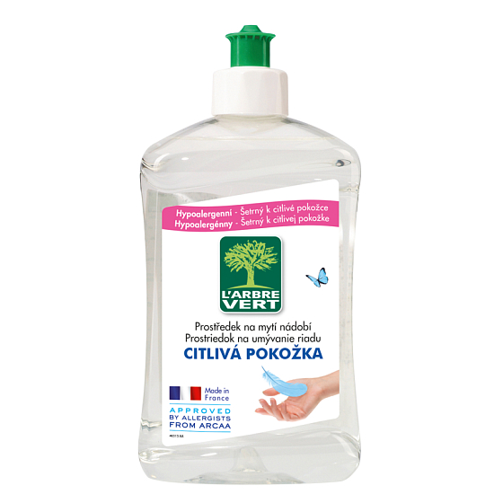 L'Arbre Vert Eko Sensitive prostředek na mytí nádobí, rychle a efektivně rozpouští tuky, šetrný k citlivé pokožce 500 ml