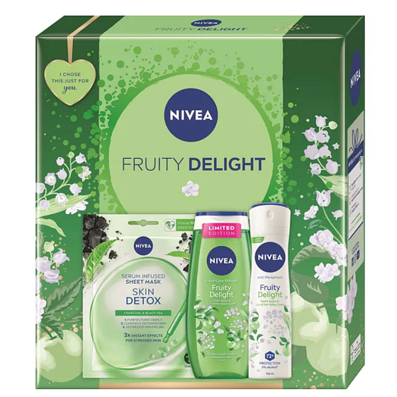 Nivea Fruity Delight detoxykacyjna maska tekstylna 1 szt + Nivea Fruity Delight żel pod prysznic 250 ml + Nivea Fruity Delight dezodorant w sprayu 150 ml, zestaw kosmetyków