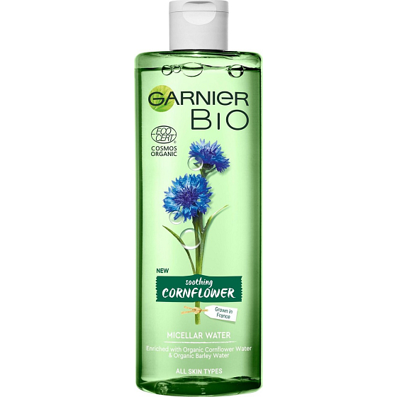 Garnier Bio Soothing Cornflower organická voda z chrpy a z ječmene micelární voda pro všechny typy pleti 400 ml