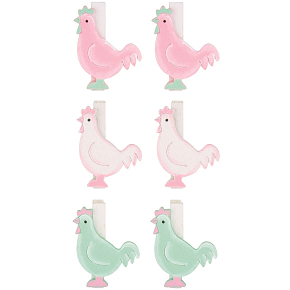 Kurczak drewniany na patyku Zielony, biały i różowy 4,5 cm 6 sztuk