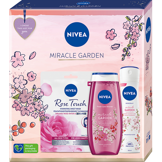 Nivea Miracle Garden Cherry Blossom & Red Berries 48h antiperspirant deodorant sprej 150 ml + Miracle Garden Cherry Blossom & Pomegranate sprchový gel 250 ml + Rose Touch textilní pleťová maska 1 kus, kosmetická sada pro ženy
